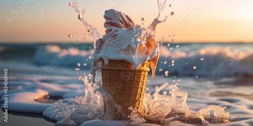 banner. Ice cream cone splashing in the waves at sunset Concept: beachside treat, summer fun, refreshing dessert, playful splash, sunset delight. travel. defocus