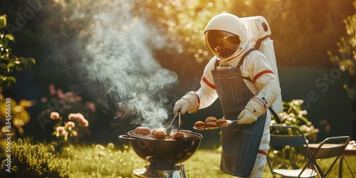 cooking banner. Astronaut grilling burgers in a backyard garden Concept: outdoor cooking, space-themed barbecue, blending worlds, astronaut chef, backyard fun. defocus