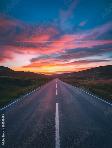 UK, Scotland, Empty asphalt road in Shetland Islands at sunset