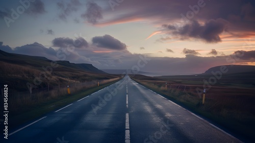 Empty asphalt road in Shetland Islands at sunset 