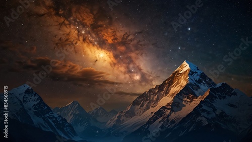 Panoramic view of great Himalayan range at evening, with the mountains glowing in the warm light of the starry night with a lot of stars