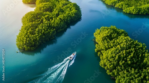 Saudi Arabia, Jazan Province, Aerial view of boat sailing through mangrove forest in Farasan Islands archipelago