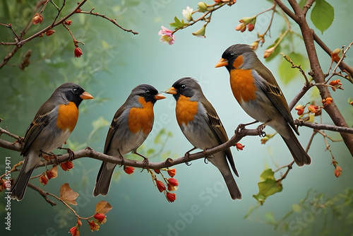 A close up of a group of small birds on a bench