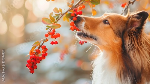 Collie dog smelling rowanberries on branch