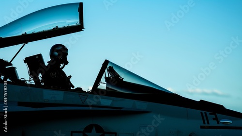 silhouette of jet pilot in cockpit ready for takeoff military theme side view intense focus futuristic tone vivid