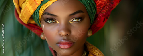 Beautiful fictional African woman with headscarf in red, green and yellow for black history month, Juneteenth or remembrance abolition
