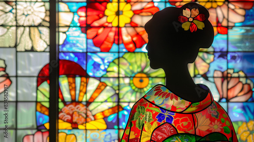 Japanese pattern and a woman stained-glass background wallpaper