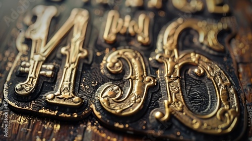  A metal plate with GOL inscribed in gold is centrally positioned on a wooden surface Surrounding it are other metal plates and a clock, adjacent to one side of