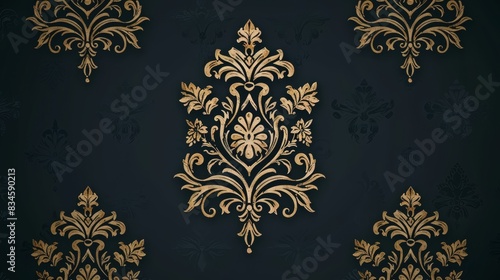 gold damask pattern on a dark background..White or light side: damask pattern in gold on a black background