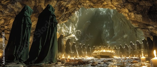 Eerie Satanic Ritual in Dark Cave: Group of Black-Robed Individuals Performing Mysterious Ancient Ceremony with Altar, Candles, and Incense