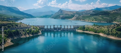 Aerial view of Hydroelectric power dam on a river and mountains