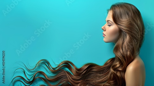  A woman with long brown hair faces a blue wall, her head turned to the side Hair flows, obstructing her profile