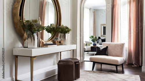 Grand Entrance, Chic Entryway Featuring a Statement Console Table and Oversized Mirror, Elevating Home Design from the Start, Stylish Foyer