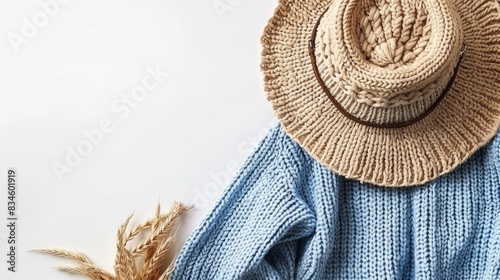  A hat atop a blue sweater, adjacent to a dry grass plant on a white table Behind, a white wall forms the backdrop's midpoint
