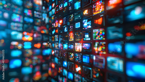 Abstract dynamic background of digital screens displaying news and media, symbolizing growth in online video and streaming services. Ideal for illustrating technology, media, or advertising concepts.