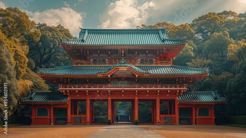 Stunning traditional Japanese temple with intricate red and green architectural details surrounded by lush trees under a partially cloudy sky.