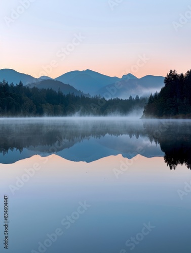 A tranquil lake at dawn, with still water reflecting the surrounding trees and mountains, and a soft mist rising from the surface. The sky is a gradient of colors as the sun begins to rise.