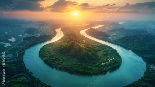 A breathtaking sunset illuminates a meandering river surrounded by lush green mountains, creating a serene and picturesque landscape.