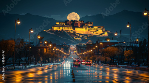 A breathtaking view of a full moon rising over the illuminated Potala Palace at night, with a modern city street in the foreground.