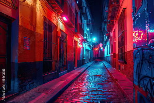 Charming Spanish Alleyway at Night - Urban Background with Red and Blue Neon Lights