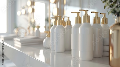 Close-up of elegant white shampoo and conditioner bottles with gold pumps on a clean countertop. Generative AI
