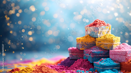 Colorful powder and sand spread out on a table, creating a vivid display.