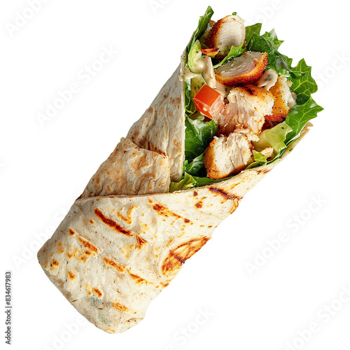 Grilled chicken wrap with fresh vegetables and creamy sauce, close-up view on white background