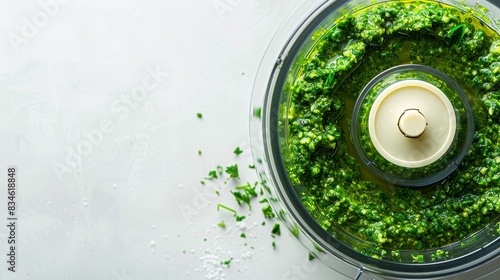  A food processor filled with pesto atop a white table Nearby, a knife and an additional bowl of pesto sit beside the blender