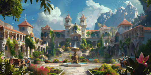 2d background Castle Courtyard A grand castle courtyard with knights training, horses in stables, a fountain in the center, and lush gardens surrounding the area