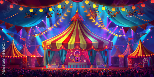 2d background Circus Big Top Inside a circus big top with colorful tents, acrobats performing high above, clowns entertaining the audience, and a ringmaster in the center ring