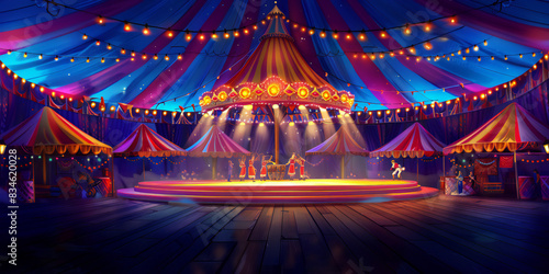 2d background Circus Big Top Inside a circus big top with colorful tents, acrobats performing high above, clowns entertaining the audience, and a ringmaster in the center ring