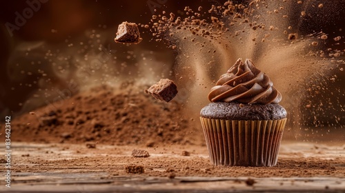  A cupcake with chocolate frosting and sprinkles, atop it, isn't being thrown by a mound of dirt