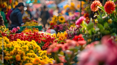 A high-resolution image of a bustling flower market with colorful flowers, market vendors, and shoppers. Settings: Shutter speed 1/200, ISO 320, aperture f/5.6, bright natural light.