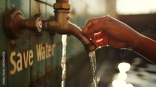 Captivating shot capturing the elegance of a hand gracefully closing a water faucet, with a noticeable "Save Water" prompt for sustainable living