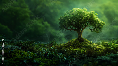 Artistic representation of a tree symbol illuminated by soft natural light, set against a lush green background, capturing the essence of nature and growth