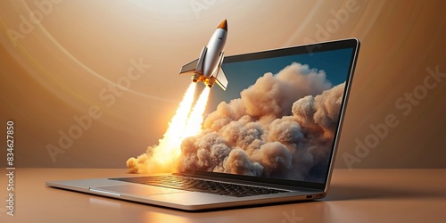 A laptop displaying a graphic of a steampunk space rocket blasting off on a minimalist color background , steampunk, space rocket, laptop, technology, minimalist, background, graphic design