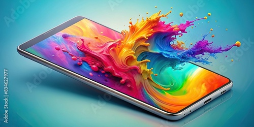 Liquid splash in various colors with paintbrush strokes on a gradient abstract background for a mobile screen concept, liquid splash, colorful, paintbrush, gradient, abstract, background