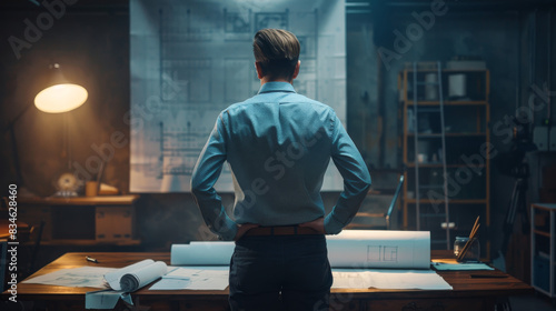 Realistic 4K image of a businessman in a professional stance with his back turned, overseeing an engineering blueprint under focused light