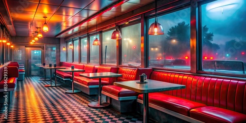Retro diner with neon red lighting, empty seats, misty street view through windows, retro, diner, neon, red lighting, empty seats, misty, street view, windows, vintage, 1950s, nostalgia