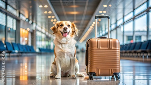 A cute dog with a suitcase at the airport ready for a trip, dog, pet, travel, vacation, airport, departure, journey, adventure, luggage, trip, flying, waiting, excited, animal, companion