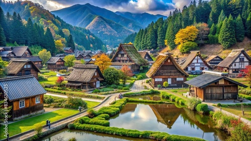 Traditional historical Japanese village in Shirakawa-go, Gifu Prefecture, with thatched roof houses and beautiful scenery, Japan, historical, village, Shirakawa-go, Gifu Prefecture
