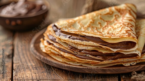  A stack of crepes on a wooden plate, adjacent to a bowl of ice cream, and a separate bowl of chocolate