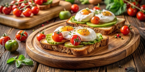 Brunch setup with poached eggs, avocado toast, and cherry tomatoes on wooden plates, Brunch, poached eggs, avocado toast, whole-grain bread, cherry tomatoes, microgreens, rustic, wooden, plates
