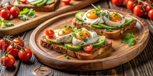 Brunch setup with poached eggs, avocado toast, and cherry tomatoes on wooden plates, Brunch, poached eggs, avocado toast, whole-grain bread, cherry tomatoes, microgreens, rustic, wooden, plates
