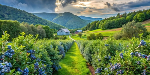 Rows of lush blueberry bushes and a flourishing apple orchard in a picturesque farm nestled in the green mountains , farm, green mountains, blueberry bushes, apple orchard, agriculture, nature