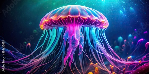 Neon jellyfish illuminated underwater in the sea, neon, jellyfish, glowing, underwater, sea life, marine, bioluminescent, colorful, vibrant, ocean, aquatic, nature, beauty, exotic