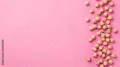  A pink background features a stack of peanuts, with the word Peanuts centrally placed above it The image also includes a separate pile of peanuts situated at
