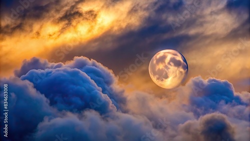 Gibbous moon shrouded in cloudy fog during twilight evening , mist, atmosphere, mysterious, eerie, night, sky, celestial, weather, darkness, illumination, tranquil, peaceful, lunar, overcast