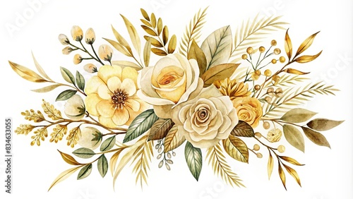 A modern and elegant hand-drawn floral bouquet in gold tones, perfect for a save the date banner or greeting card, flower, banner, modern, round, beautiful, save the date, gold, object