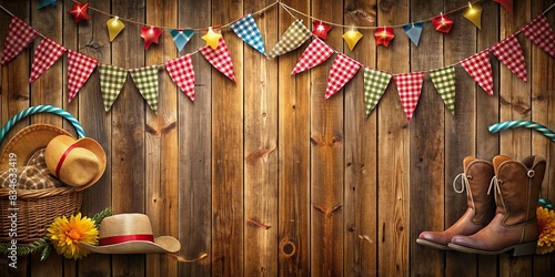Hoedown theme party background with empty copy space , hoedown, western, country, barn, rustic, dance, celebration, music, cowboy hat, cowboy boots, straw bales, horseshoes, lanterns